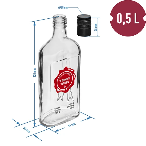 500 ml pudel keeratava korgiga, trükiga „Wyborny Trunek”, 1 tk - 6