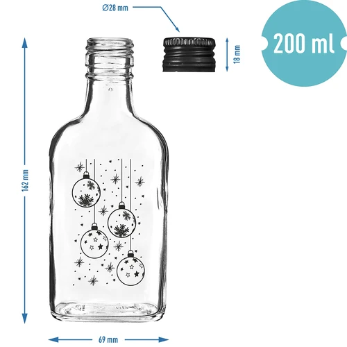 Piersiówka-tüüpi pudel 200 ml keeratava korgiga, trükiga „Jõulukuulid”, 1 tk - 5
