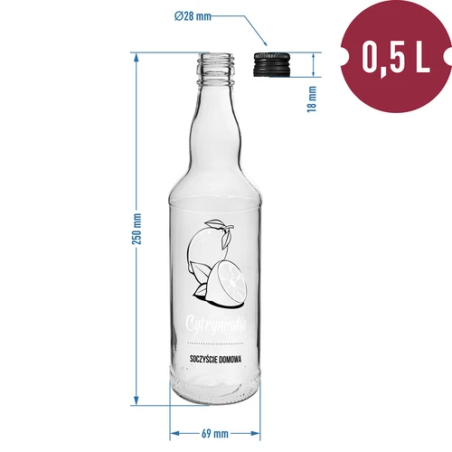 500 ml pudel keeratava korgiga, trükiga „Cytrynówka”, 1 tk - 4