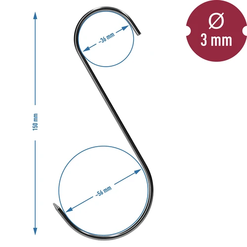 Suitsutuskonksud – S-kujulised, teritatud, 3 mm x 150 mm, 5 tk - 6