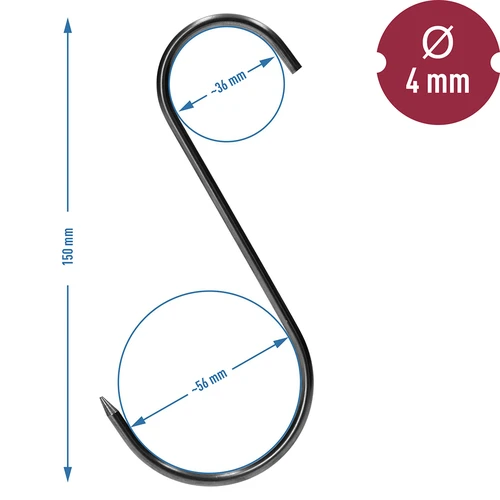 Suitsutuskonksud – S‑kujulised, teritatud, 4 mm x 150 mm, 5 tk - 6